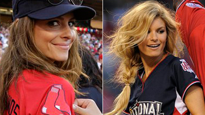 Television host Maria Menounos shows off the Boston Red Sox logo on her  jersey before the All-Star Legends & Celebrity softball game, Sunday, July  11, 2010, in Anaheim, Calif. (AP Photo/Jae C.