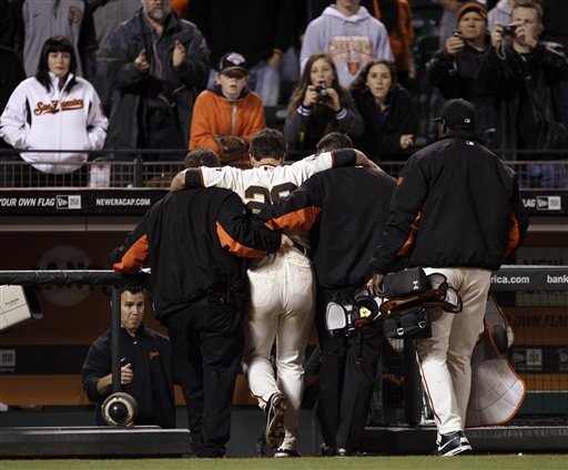 Buster Posey Injured After Violent Collision at Home Plate With Florida's Scott Cousins (Photos)