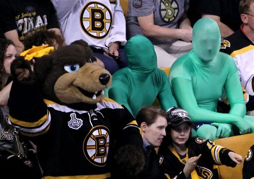Vancouver Green Men Mope in Their Seats at TD Garden, Ignored by Celebrating Bruins Fans