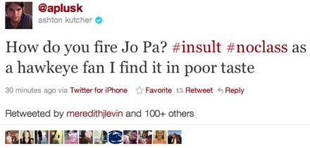 Ashton Kutcher Criticizes Joe Paterno's Firing on Twitter, Then Deletes Tweet (Photo)