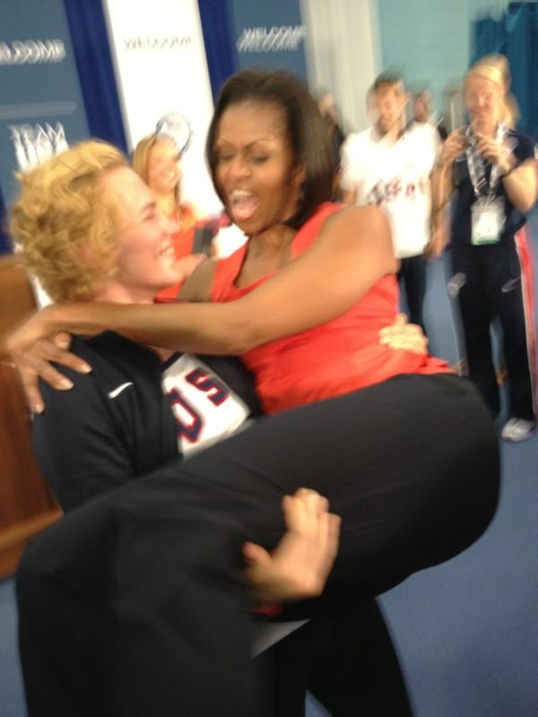 Michelle Obama Gets Lift From Member of U.S. Women's Wrestling Team (Photo)