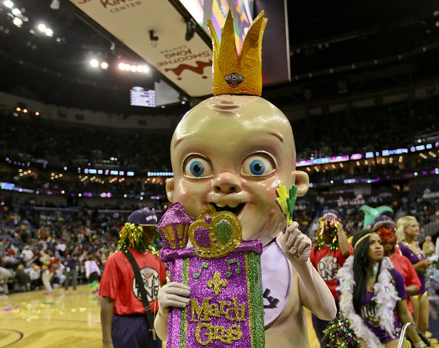 New Orleans Pelicans mascot for Mardi Gras the King Cake Baby