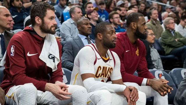 Cleveland Cavaliers forward Kevin Love, guard Dwyane Wade and forward LeBron James
