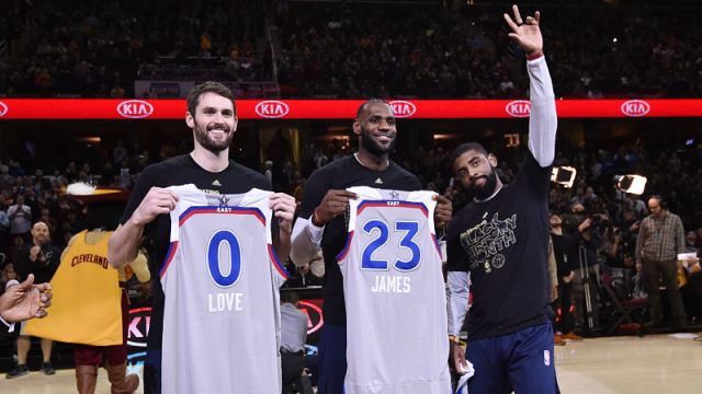 Cleveland Cavaliers forwards Kevin Love and LeBron James and Boston Celtics guard Kyrie Irving