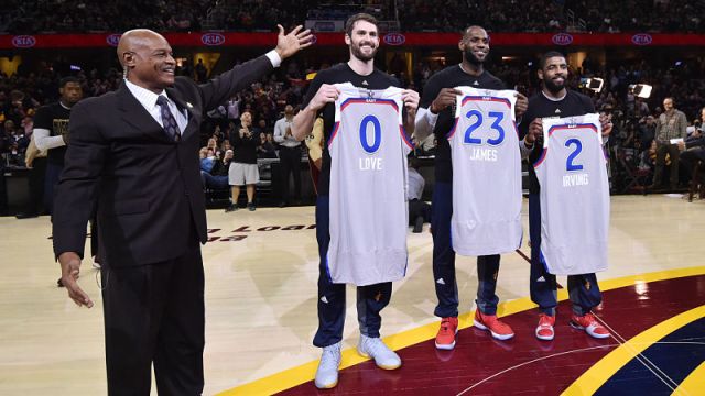 Cleveland Cavaliers forwards Kevin Love and LeBron James and Boston Celtics guard Kyrie Irving