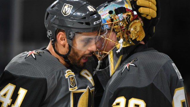 Vegas Golden Knights left wing Pierre-Edouard Bellemare and goaltender Marc-Andre Fleury