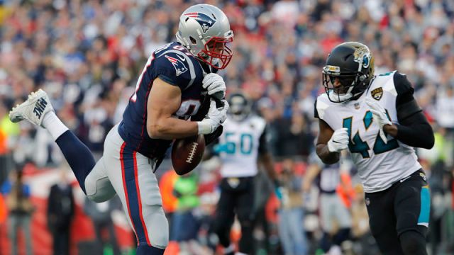 New England Patriots tight end Rob Gronkowski and Jacksonville Jaguars safety Barry Church