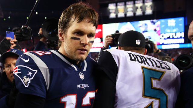 New England Patriots quarterback Tom Brady and Jacksonville Jaguars quarterback Blake Bortles