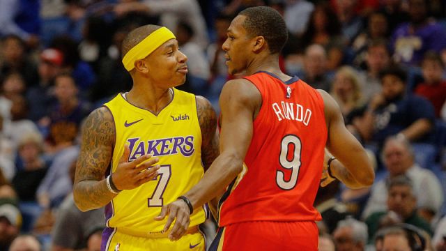 Los Angeles Lakers guard Isaiah Thomas and New Orleans Pelicans guard Rajon Rondo