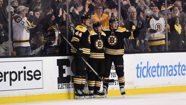 Boston bruins wingers Brad Marchand and Jake DeBrusk and defenseman Nick Holden