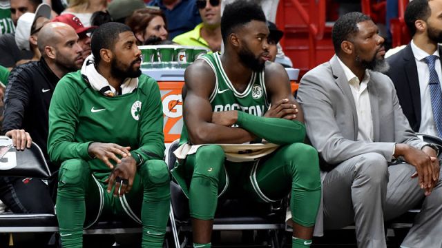 Boston Celtics guards Kyrie Irving and Jaylen Brown