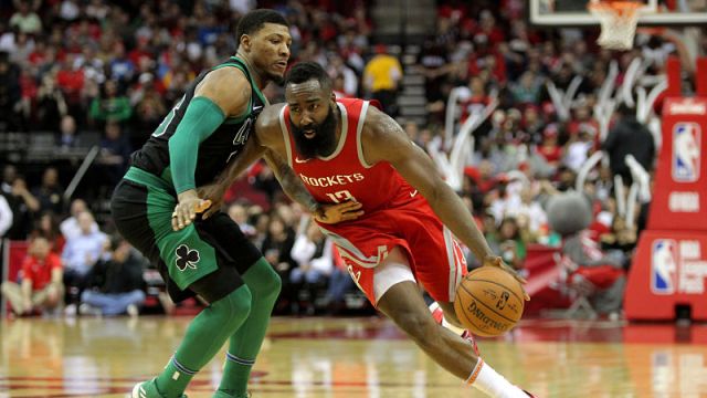 Houston Rockets guard James Harden and Boston Celtics guard Marcus Smart
