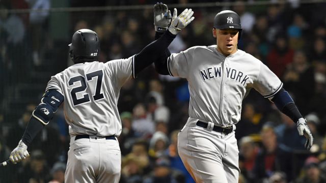 New York Yankees outfielders Aaron Judge and Giancarlo Stanton