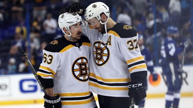 Boston Bruins winger Brad Marchand and center Patrice Bergeron