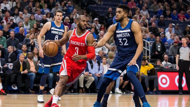 Houston Rockets guard Chris Paul and Minnesota Timberwolves forward Karl-Anthony Towns