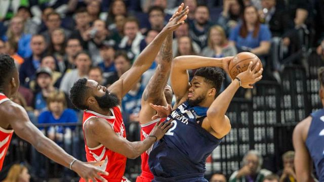 Houston Rockets guard James Harden and Minnesota Timberwolves forward Karl-Anthony Towns