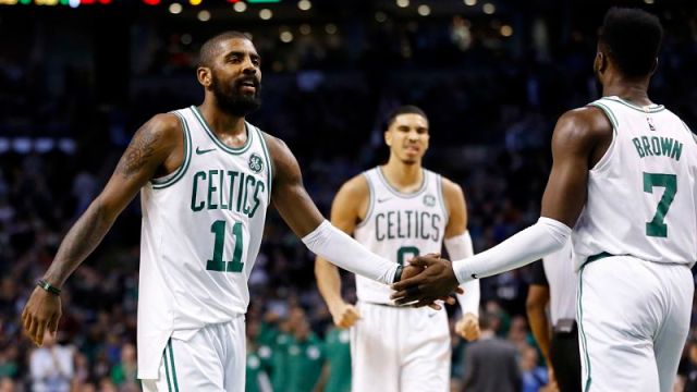 Boston Celtics guards Kyrie Irving and Jaylen Brown