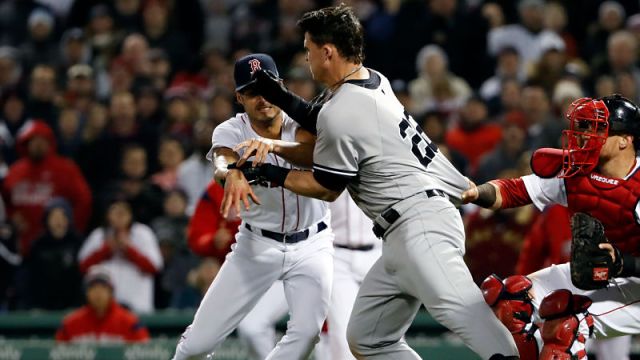 Boston Red Sox pitcher Joe Kelly and New York Yankees designated hitter Tyler Austin