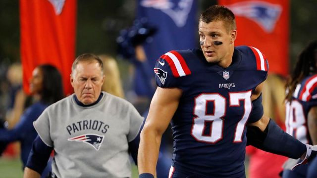 New England Patriots tight end Rob Gronkowski and head coach Bill Belichick