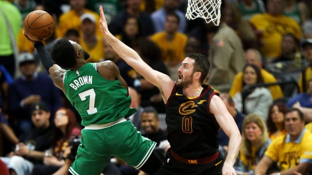 Boston Celtics guard Jaylen Brown and Cleveland Cavaliers forward Kevin Love