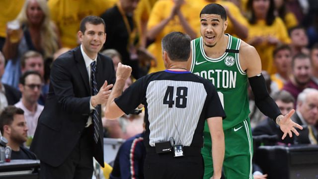 Boston Celtics forward Jayson Tatum and head coach Brad Stevens