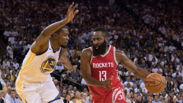 Golden State Warriors forward Kevin Durant and Houston Rockets guard James Harden