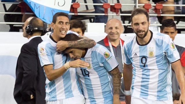 Argentina midfielder Ever Banega (19), midfielder Angel Di Maria (7) and forward Gonzalo Higuain (9)