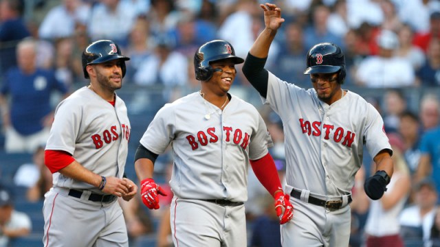 Boston Red Sox's Rafael Devers, Xander Bogaerts, J.D. Martinez