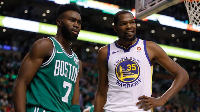 Boston Celtics guard Jaylen Brown and Golden State Warriors forward Kevin Durant
