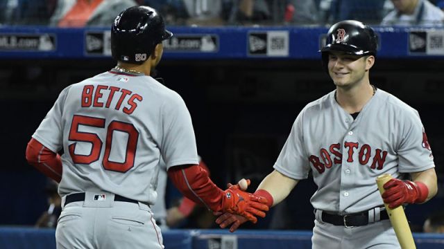 Boston Red Sox outfielders Mookie Betts and Andrew Benintendi