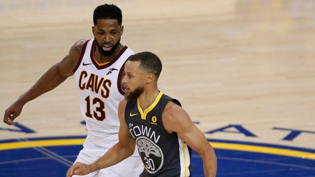 Cleveland Cavaliers forward Tristan Thompson and Golden State Warriors guard Stephen Curry
