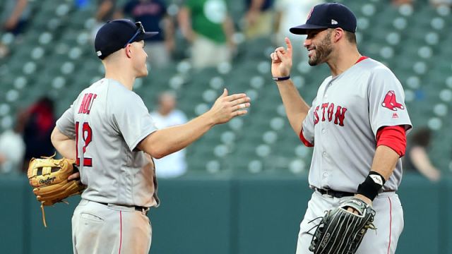 Boston Red Sox players Brock Holt and J.D. Martinez