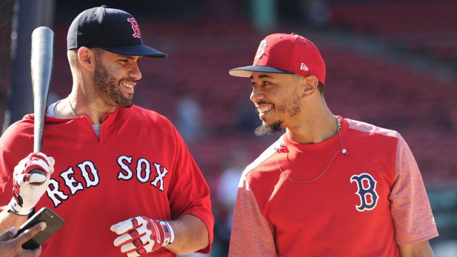 Boston Red Sox designated hitter J.D. Martinez and right fielder Mookie Betts