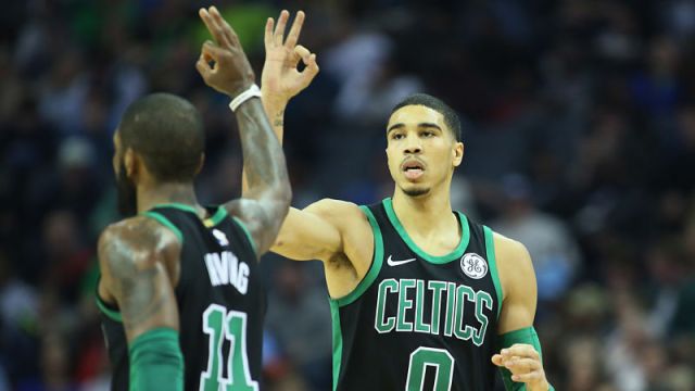 Boston Celtics guard Kyrie Irving and forward Jayson Tatum