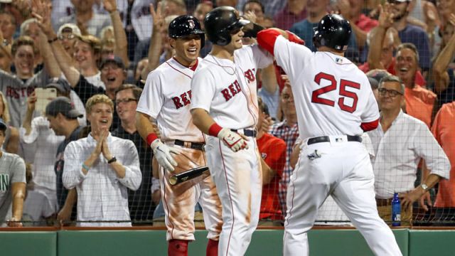 Boston Red Sox infielders Steve Pearce and Ian Kinsler and outfielder Andrew Benintendi