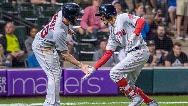 Boston Red Sox catcher Blake Swihart and outfielder Mookie Betts