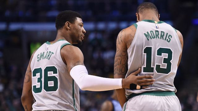 Boston Celtics guard Marcus Smart and forward Marcus Morris