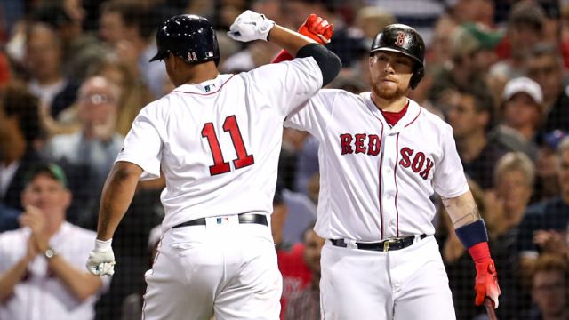 Boston Red Sox third baseman Rafael Devers and catcher Christian Vazquez
