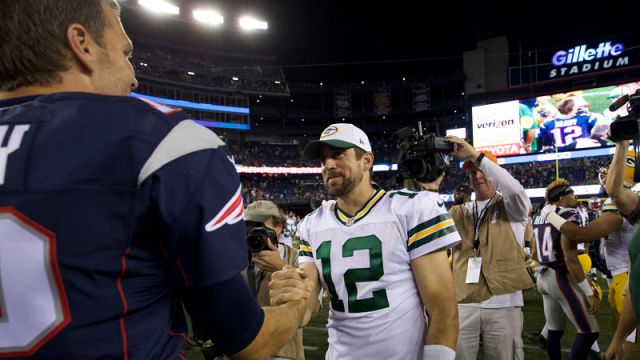 Green Bay Packers quarterback Aaron Rodgers and New England Patriots quarterback Tom Brady