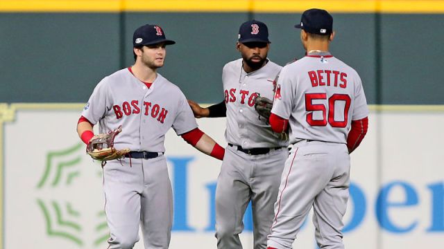 Boston Red Sox Outfielders Andrew Benintendi, Jackie Bradley And Mookie Betts