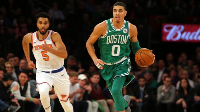New York Knicks guard Courtney Lee and Boston Celtics forward Jayson Tatum
