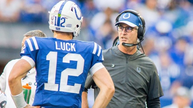 Frank Reich talks with Andrew Luck