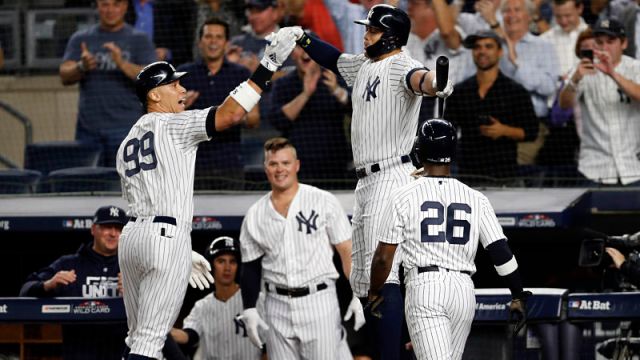 New York Yankees outfielders Aaron Judge and Giancarlo Stanton