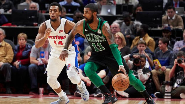 Detroit Pistons guard Ish Smith and Boston Celtics guard Kyrie Irving