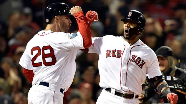 Boston Red Sox designated hitter J.D. Martinez and third baseman Eduardo Nunez