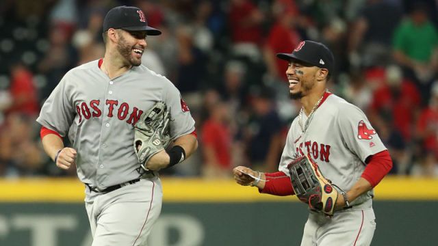 Boston Red Sox designated hitter J.D. Martinez and outfielder Mookie Betts