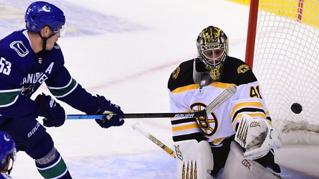 Vancouver Canucks Forward Bo Horvat And Boston Bruins Goalie Jaroslav Halak