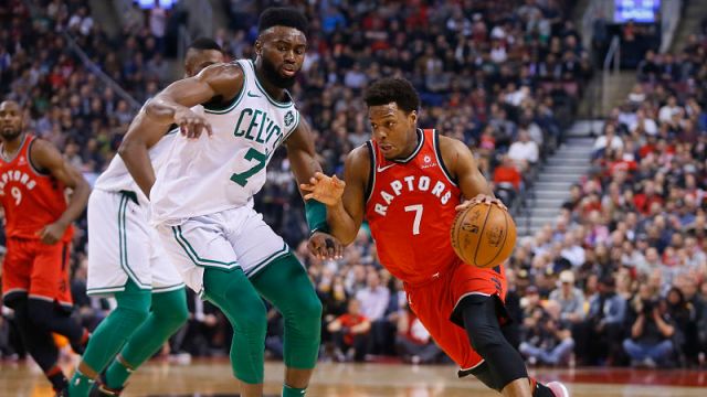 Boston Celtics guard Jaylen Brown and Toronto Raptors guard Kyle Lowry