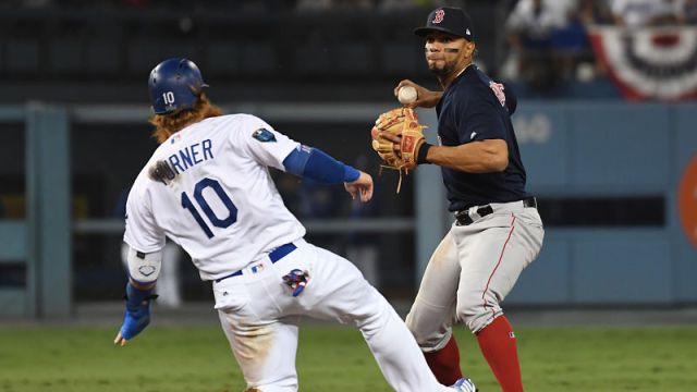 Los Angeles Dodgers third baseman Justin Turner and Red Sox shortstop Xander Bogaerts