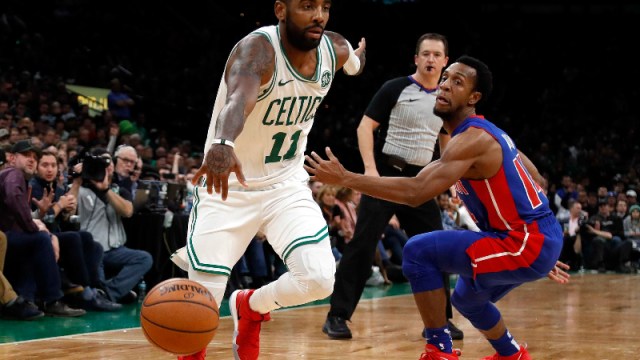 Boston Celtics guard Kyrie Irving (11) and Detroit Pistons guard Ish Smith